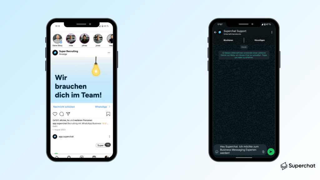 Beispiel einer Click to Chat Ad bei Instagram mit hinterlegter Nachricht in WhatsApp. Quelle: Superchat.de