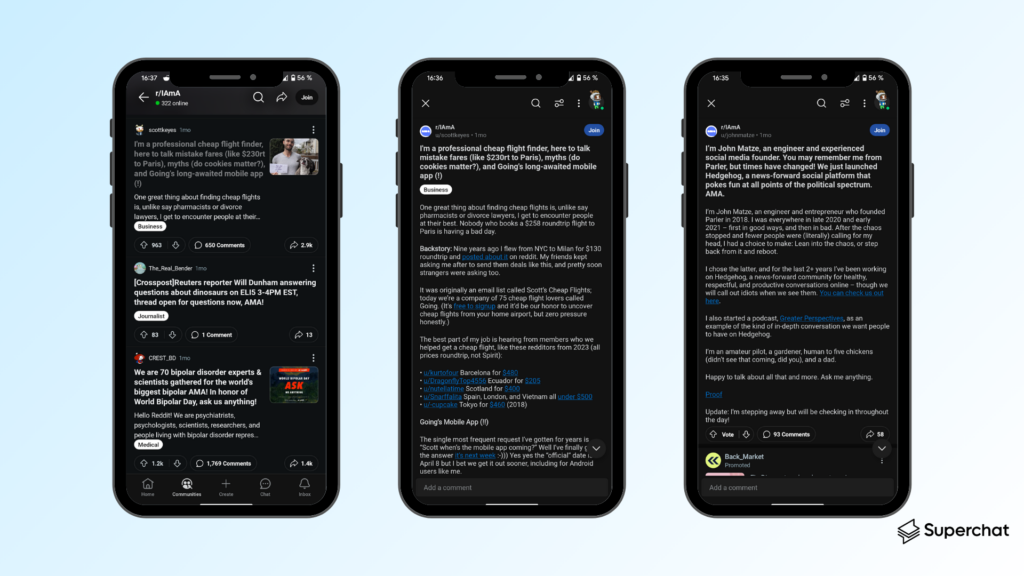 Beispiele für AMAs bei Reddit. Quelle: Reddit.com / Superchat