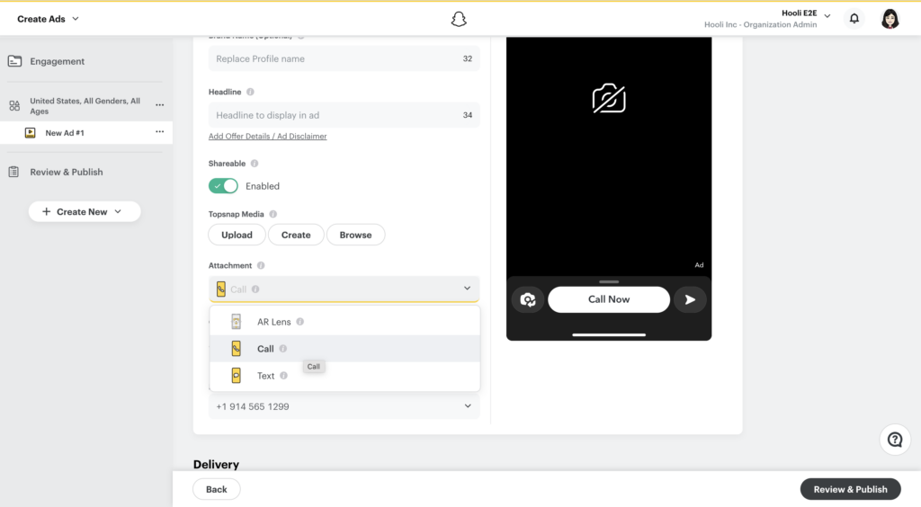 Text und Call Attachments bei Snapchat Kampagnen. Quelle: Snapchat.com