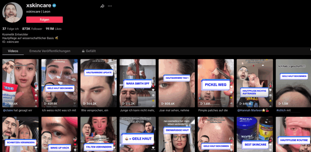 Das Bild zeigt das TikTok-Profil von xskincare, einem Creator namens Leon, der sich auf Hautpflege-Tipps und wissenschaftlich basierte Kosmetikthemen spezialisiert hat.