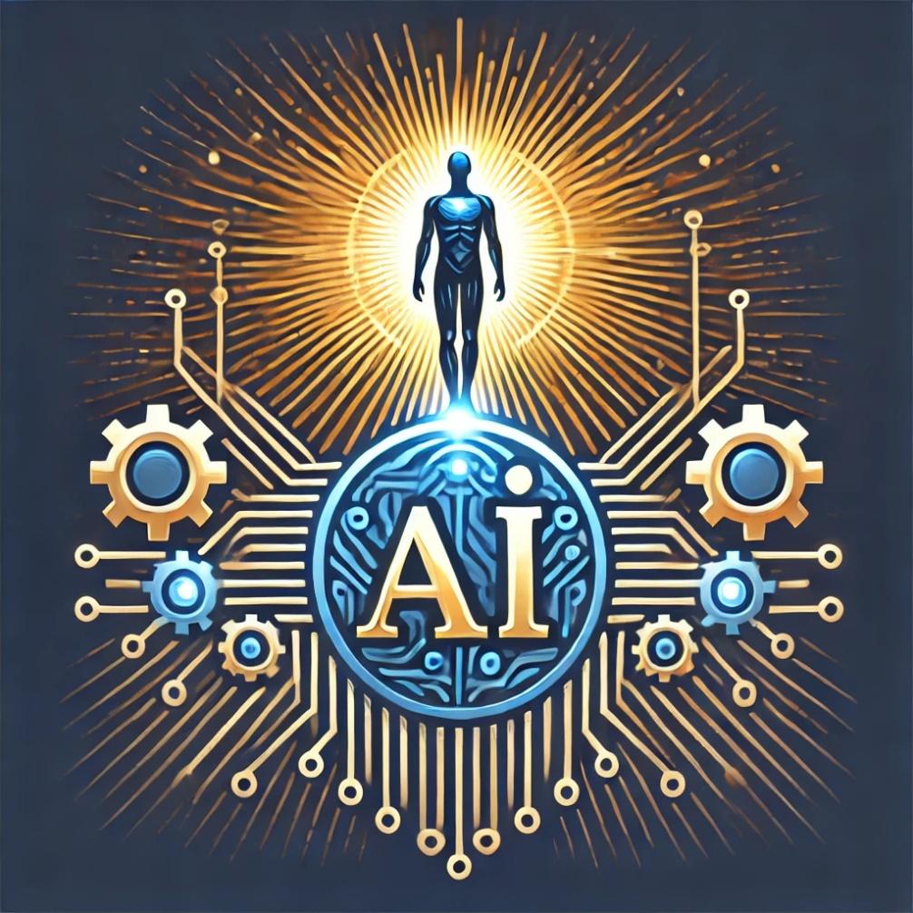 Illustration eines Menschen, der über einer Maschine steht, mit goldenen Lichtakzenten für Kreativität und blauen Tönen für KI. Symbolisiert menschliche Kontrolle und Intuition über KI-Technologie.