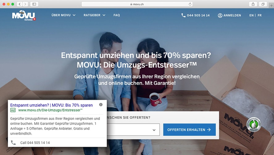 Fallbeispiel von MOVU: Die Head- und Subheadline auf der Landingpage sind inhaltlich nahezu identisch mit der Google-Ads-Anzeige. Ein Beispiel für die Verzahnung von Ebene 2 und 3.