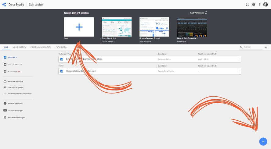 Einen neuen Bericht in Google-Data-Studio erstellen.