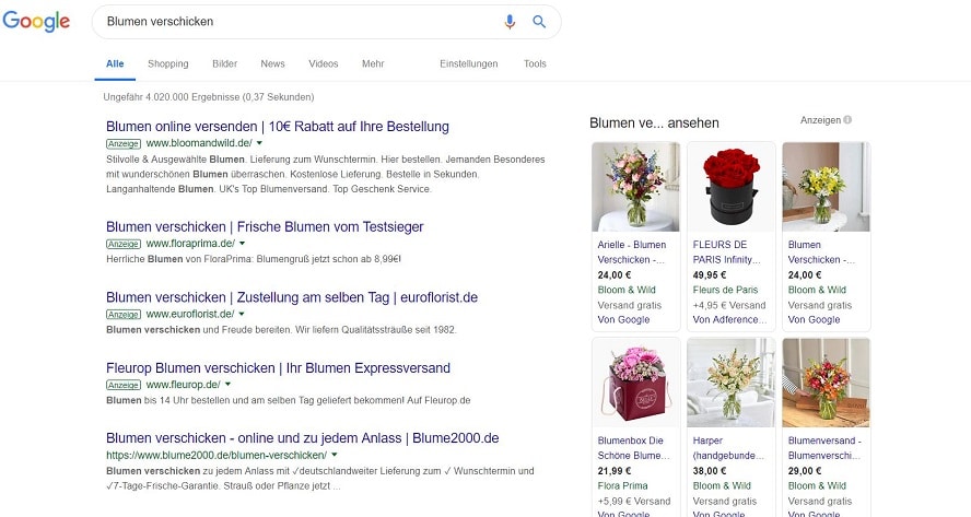 Screenshot Beispielsuche Search-Anzeigen Google