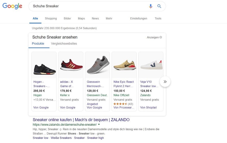 Screenshot Shopping-Anzeigen Google