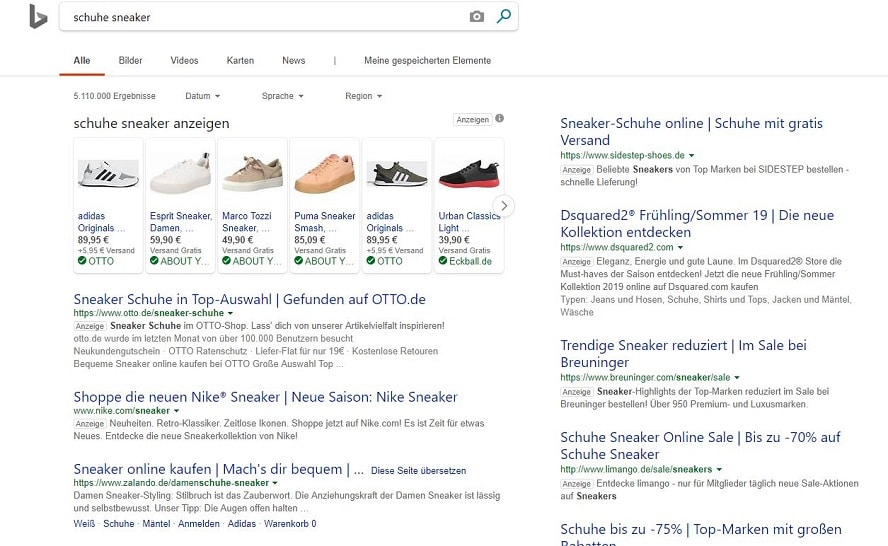 Screenshot Shopping-Anzeigen Bing