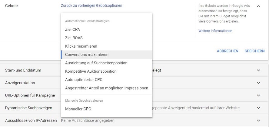 Übersicht Google Ads Gebotsstrategien