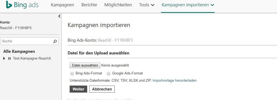 Google-Ads Kampagnen-Import in Bing