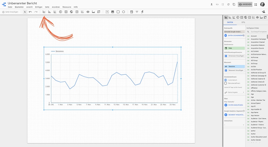 Ein Diagramm im Google-Data-Studio Bericht hinzufügen.