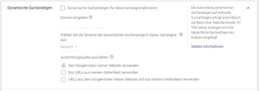 Einstellungen für Dynamischen Suchanzeigen in Google Ads