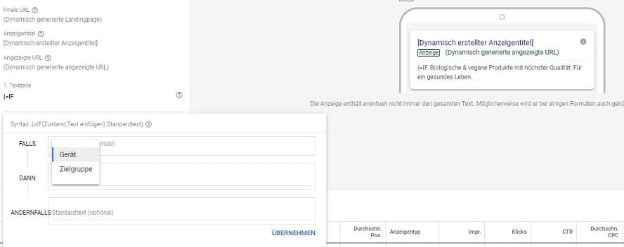 Syntax von IF-Funktion in dynamischer Suchanzeige