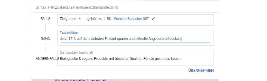 Beispiel-Text für IF-Funktion in Google Ads