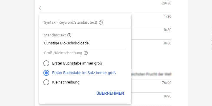 Beispiel für Dynamic Keywords - Keyword-Platzhalter