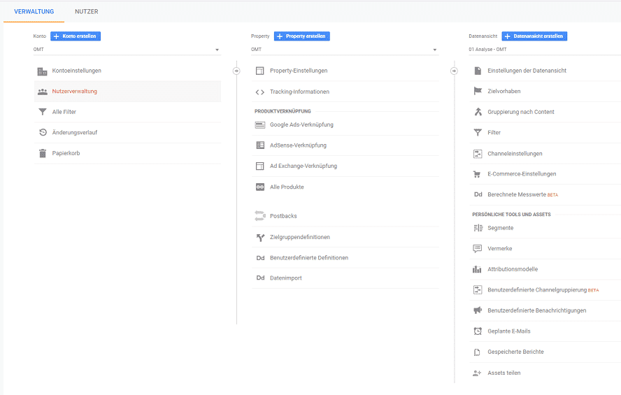 Aufbau Google Analytics - Drei Teilbereiche