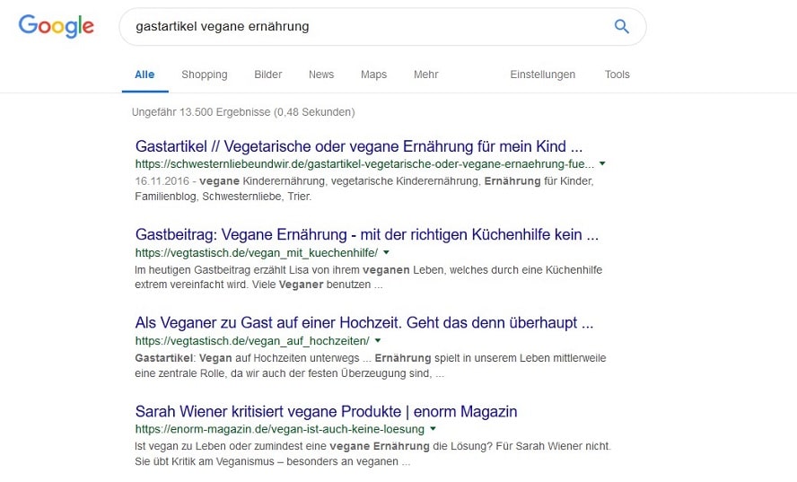 Gastartikel Linkbuildingstrategie Screenshot vegane Ernährung