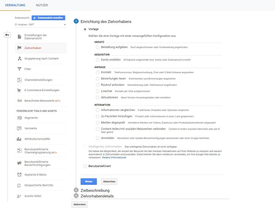 Einrichtung Zielvorhaben in Google Analytics