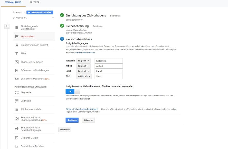 Einrichtung Zielvorhaben in Google Analytics 2