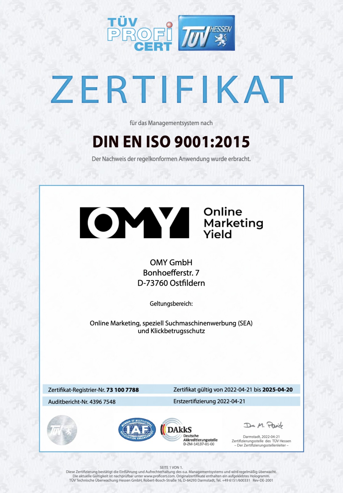 OMY GmbH Zertifikat