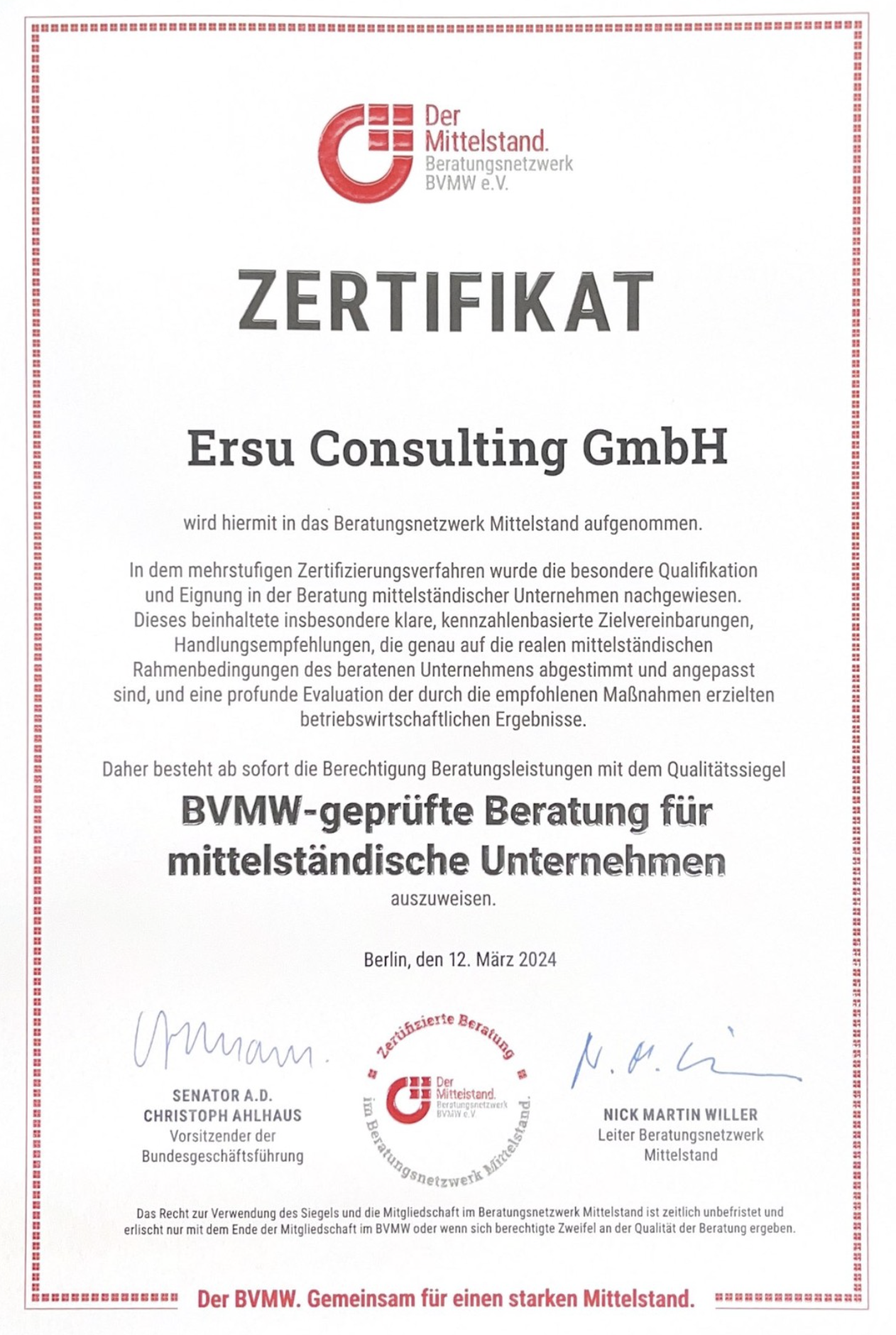 Ersu Consulting GmbH Zertifikat