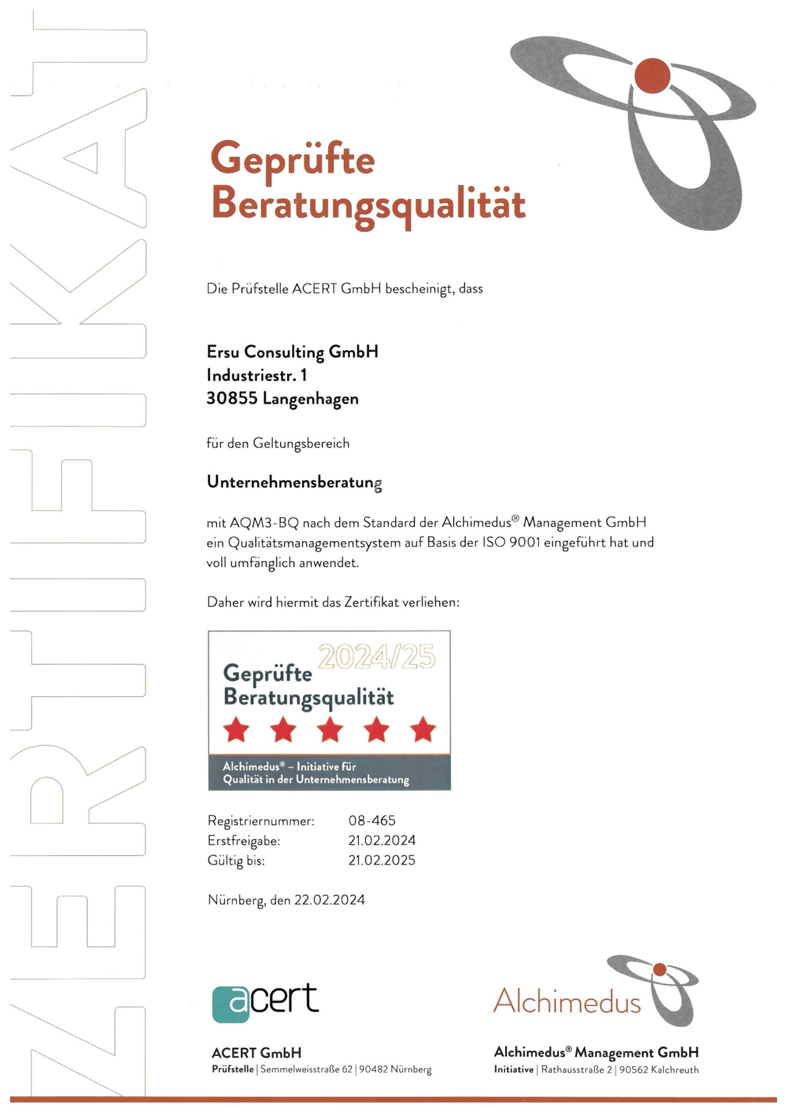 Ersu Consulting GmbH Zertifikat