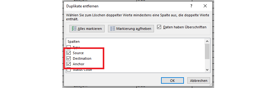 Schritt 1 um Duplikate für die SEO-Automatisierung zur internen Ankertext Analyse zu entfernen.