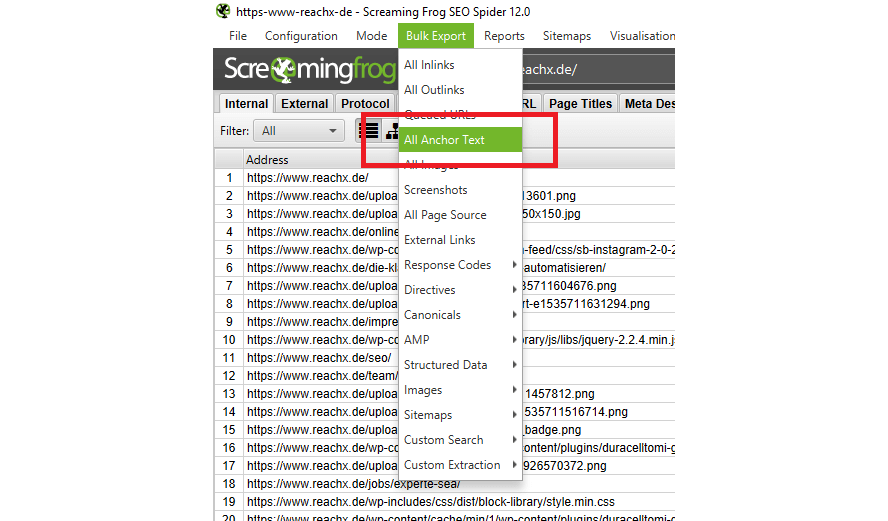 Interne Ankertexte aus Screaming Frog exportieren für die SEO-Automatisierung zur internen Ankertext Analyse