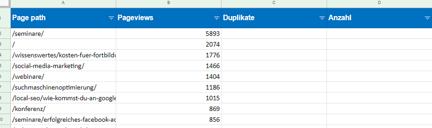 Formatierung der Tabelle für die SEO-Automatisierung der Trailing Slash Problematik