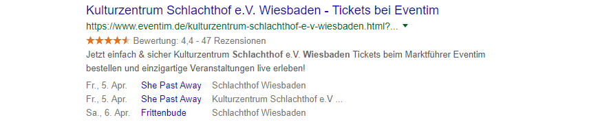 Optimiertes Meta-Snippet mit ausgespielten Events und Bewertungssternen.