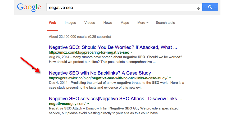 Screenshot der SERPs auf dem Keyword ‚negative SEO‘, vor dem CTR-Test von Bartosz Góralewicz