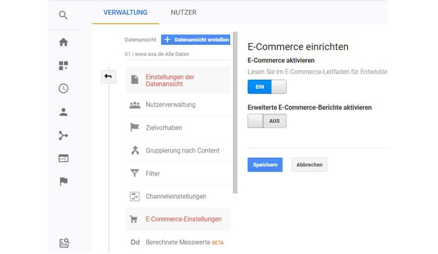 Nach der Einrichtung von Zielen kannst Du Dein E-Commerce Tracking aktivieren. 