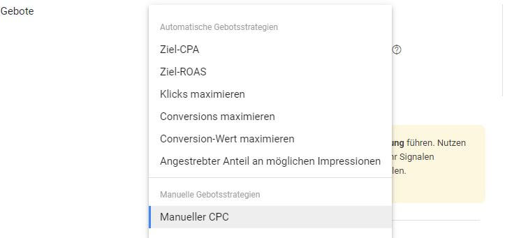 Auswahl der neuen Gebotsstrategie für Impressionen in Google Ads