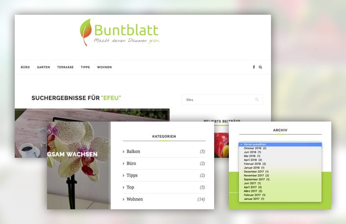 Collage aus Screenshots der Suche, der Kategorien und des Archivs bei Buntblatt.blog