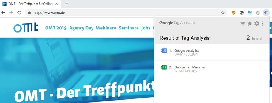 Analyse omt.de durch Google Tag Assistent