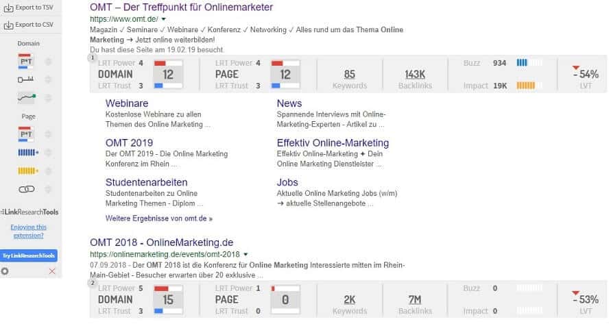 Analyse der SERPs durch das Link Research SEO Toolbar Plugin.