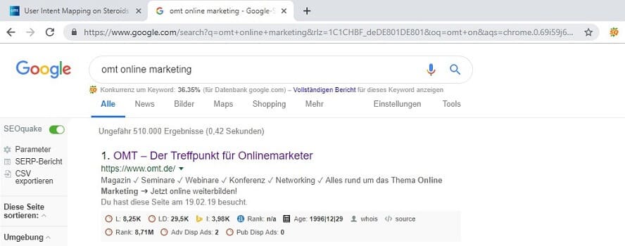 Analyse der SERPs durch SEO Quake