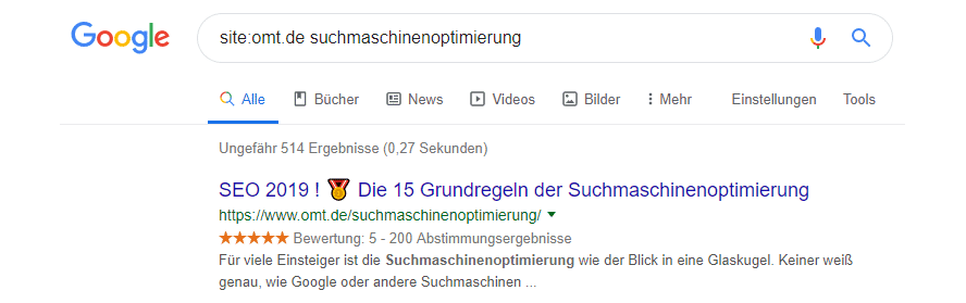 Site-Abfrage bei Google um Duplicate Content zu analysieren.