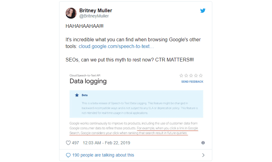 Twitter-Post von Britney Muller mit dem vermeintlichen Beweis dafür, dass Google die CTR für ihre Rankings verwendet.