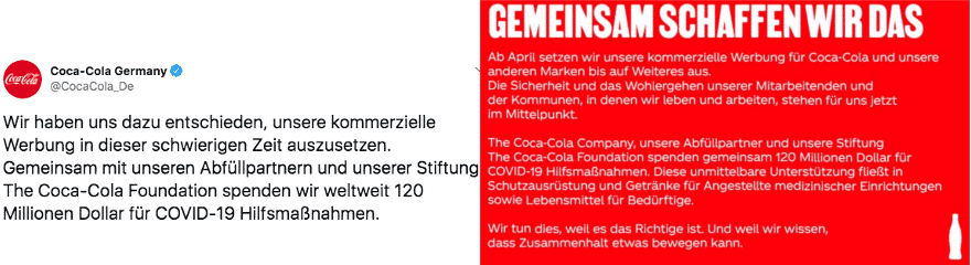 Coco-Cola Deutschland pausiert Werbung https://twitter.com/CocaCola_De/status/1243612904831758343