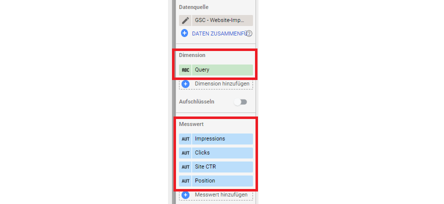 Messwerte und Dimensionen in Google Data Studio für die Automatisierung der W-Fragen Analyse