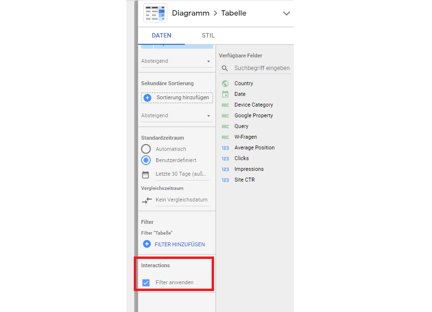 Filter in Google Data Studio für die SEO-Automatisierung der W-Fragen Analyse nutzen