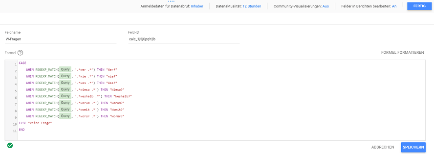 Feld für Formel in Google Data Studio hinzufügen für die SEO-Automatisierung der W-Fragen Analyse