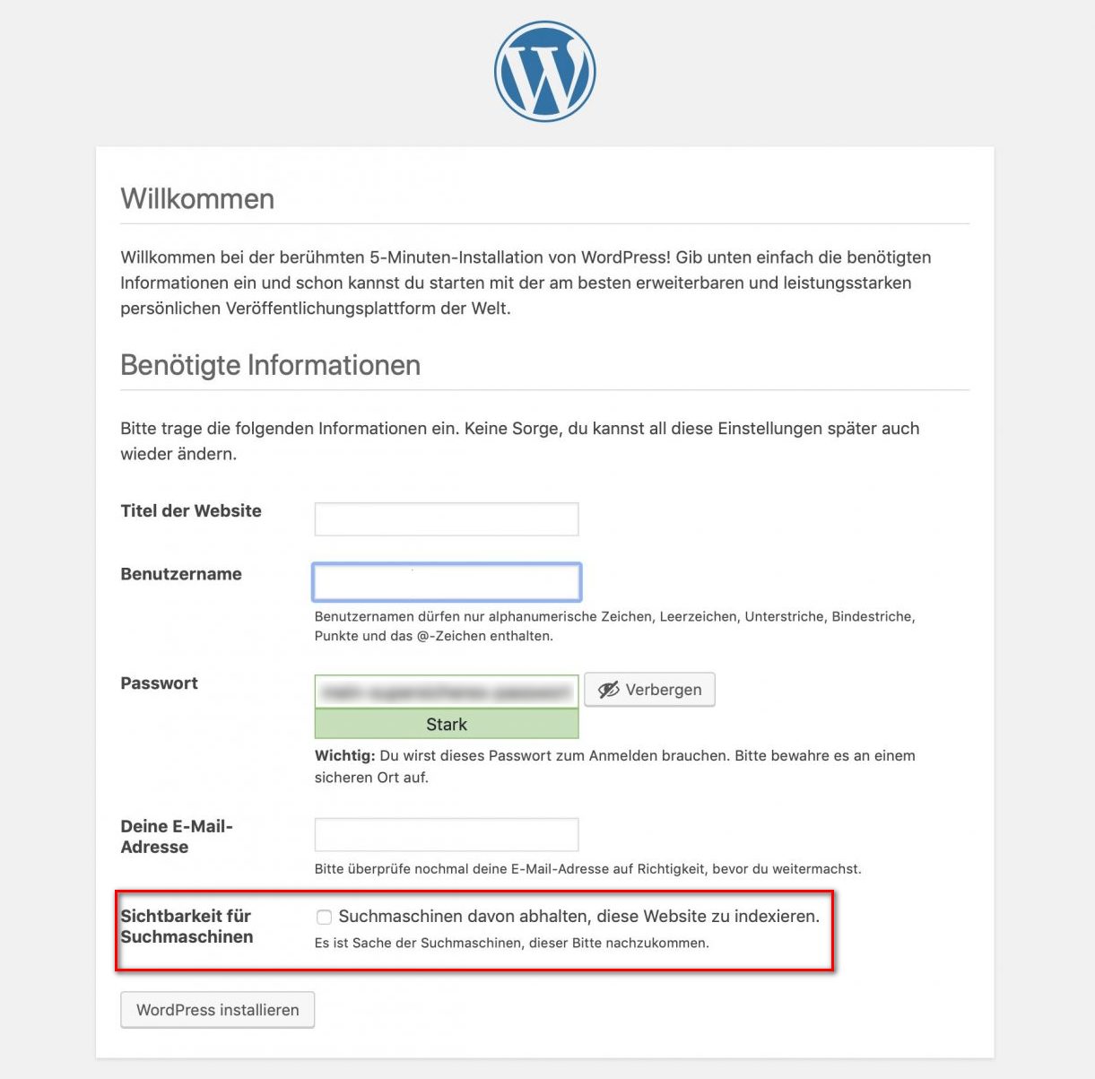 WordPress Installationsbildschirm